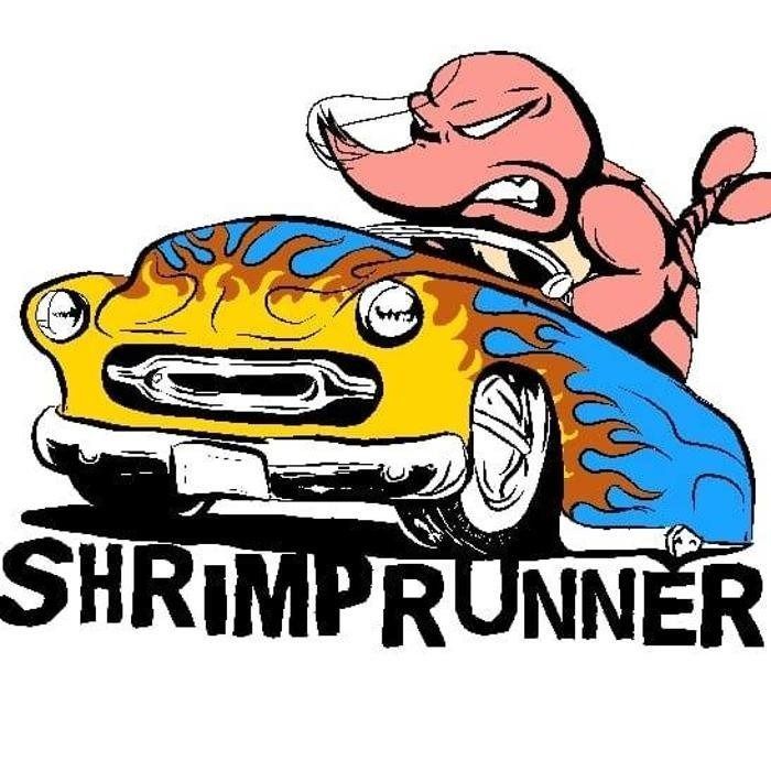Angry shrimp driving a flame-painted yellow car; text reads "Shrimp Runner".