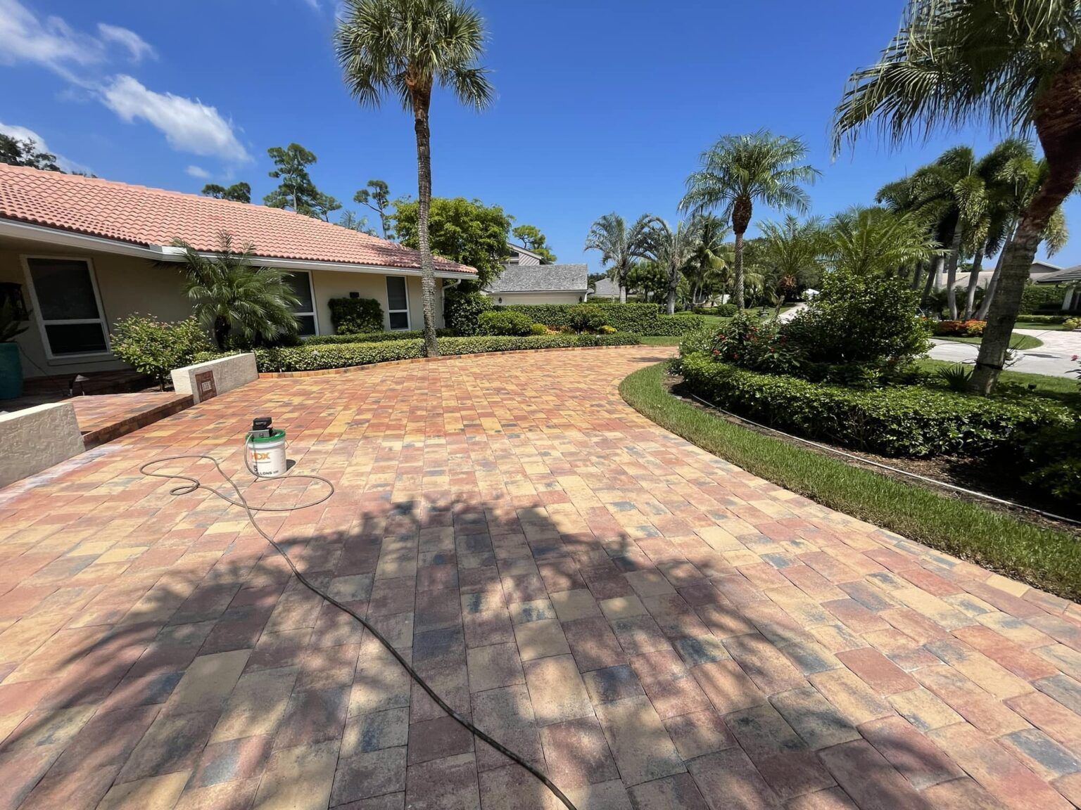 Brick paver driveway in front of a house, lined with green hedges and palm trees under a blue sky.