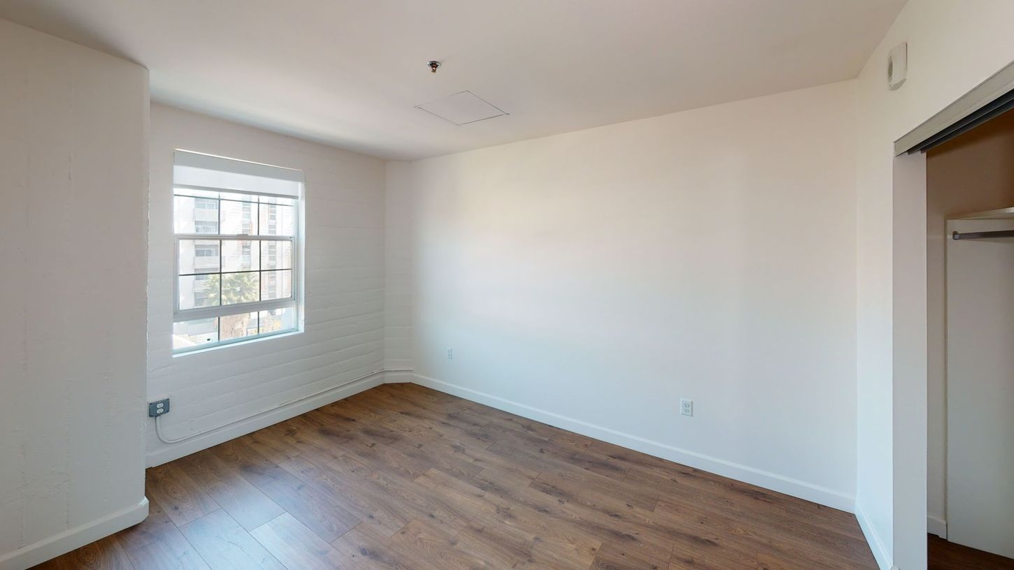 Empty room with window, closet, and wood-look flooring; white walls, neutral tones.