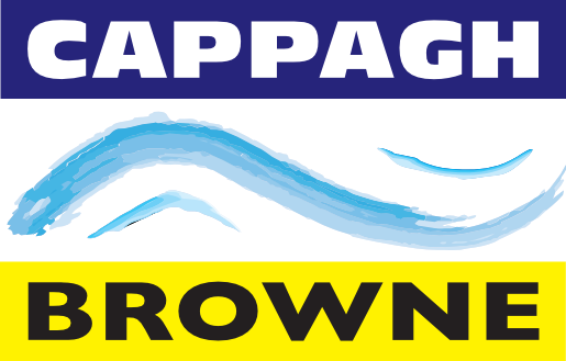 Logo for Cappagh Browne, featuring blue and yellow bars with white text and a blue wave design.