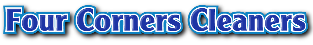 The logo for four corners cleaners is blue and white