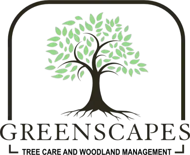 The logo for greenscapes tree care and woodland management shows a tree with green leaves.
