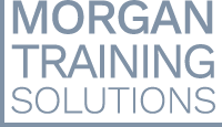 The logo for morgan training solutions is blue and white.