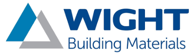 A wight building materials logo with a blue triangle