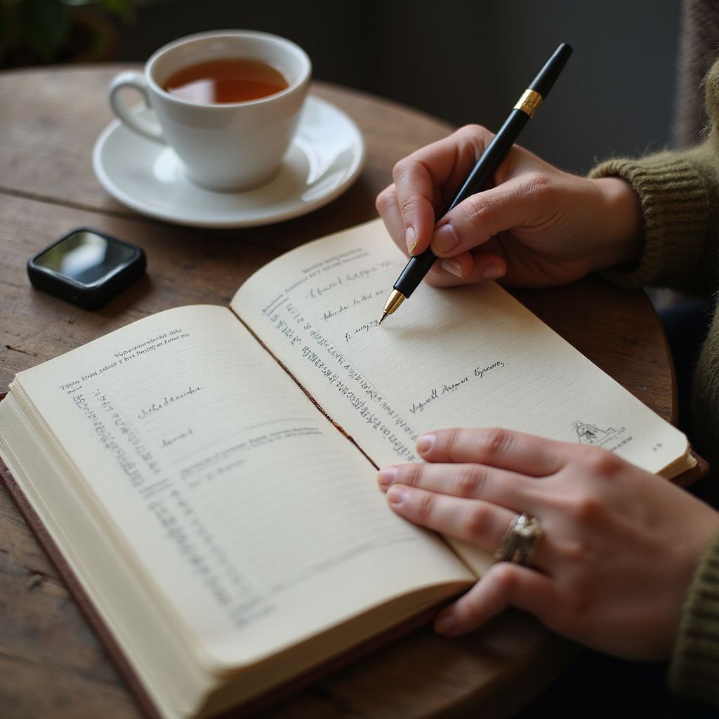 Person writing in a notebook, tea cup nearby.