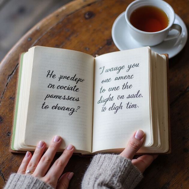 Open book with handwritten text, hands holding it, and a cup of tea on a wooden table.