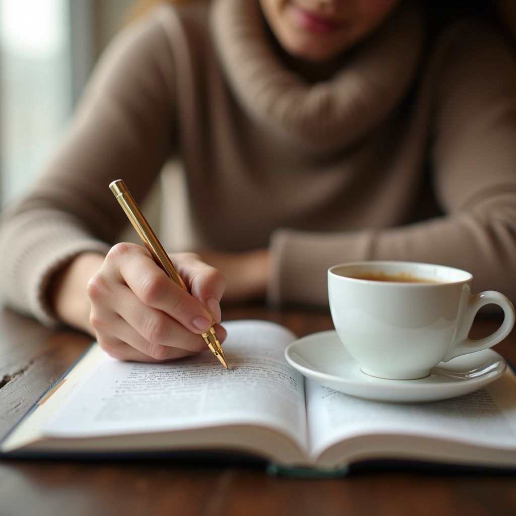 Woman writing in a notebook, gold pen, coffee cup, neutral sweater, sitting at a wooden table.
