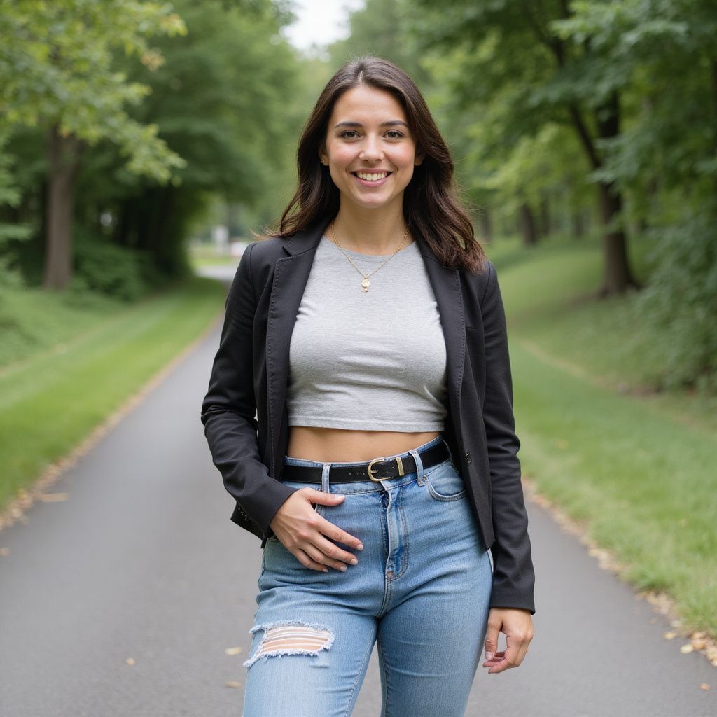 Woman in gray crop top, ripped jeans, and black blazer smiles, standing on a road lined with trees.