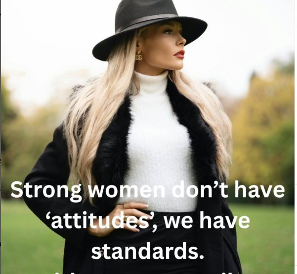 Woman in black hat, coat, and white sweater with quote: 