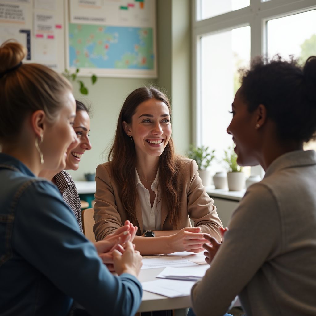 Four women smiling and talking around a table, documents present. Bright office setting.