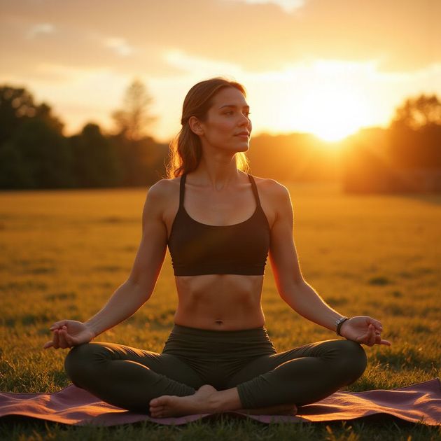 Woman meditating outdoors at sunset, sitting cross-legged, hands in prayer pose, wearing workout clothes.