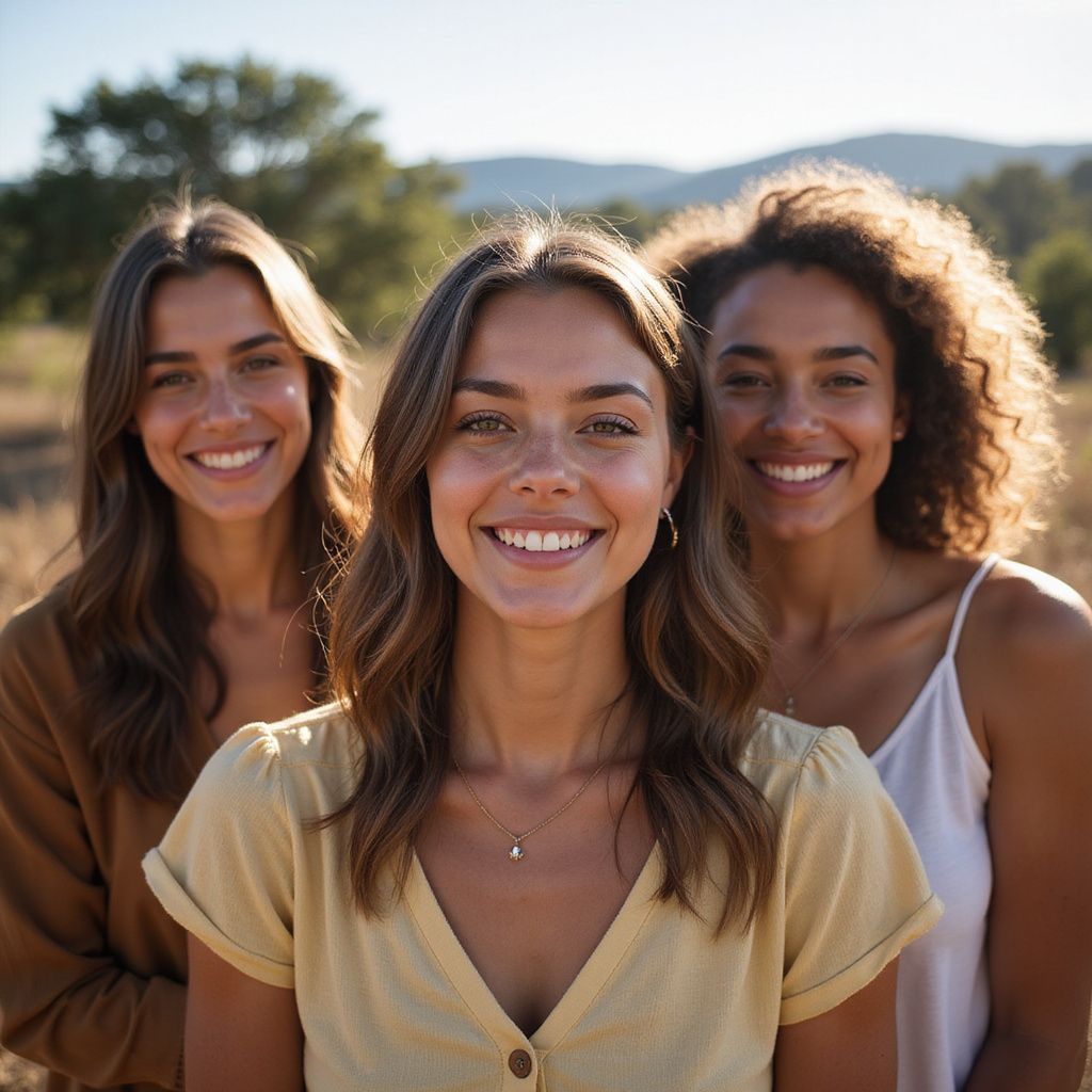 Three smiling people outdoors in a field; one with freckles in the center, one on the left, and one on the right.