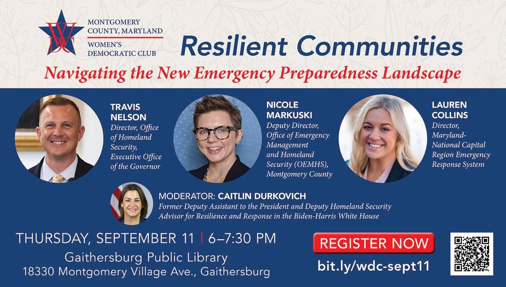 Panel discussion about emergency preparedness in Gaithersburg, MD, with four speakers. Event is on September 11.