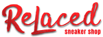 "Relaced sneaker shop" logo in red with a white shadow effect.
