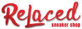 "Relaced sneaker shop" logo in red with a white shadow effect.