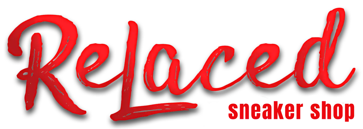 "Relaced sneaker shop" logo in red with a white shadow effect.