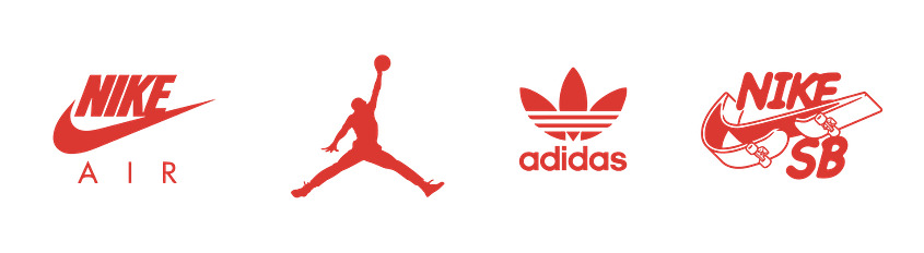 Logos of Nike, Jordan, Adidas, and Nike SB, all in red.
