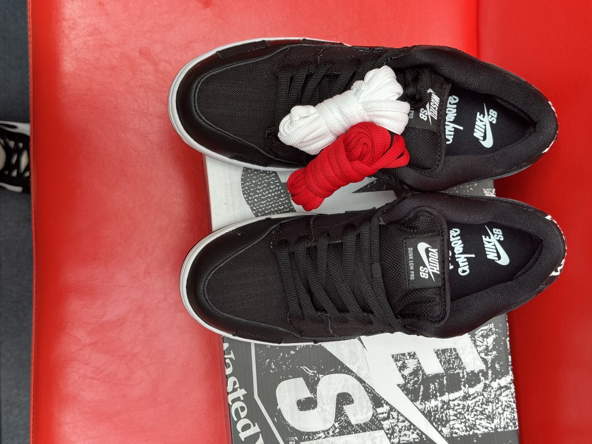 Black Nike SB Dunk Low sneakers with white soles, sitting on a branded box with a red background.