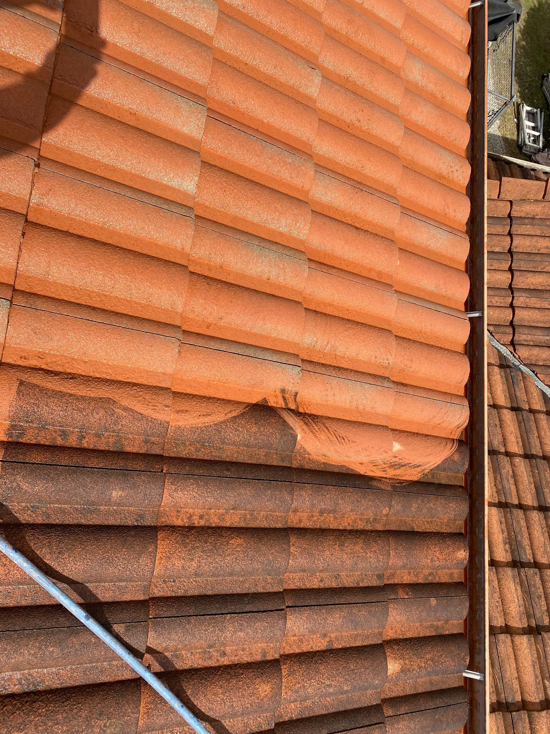 Partially cleaned red tile roof.  Top is clean, bottom is dirty, with a water hose in view.