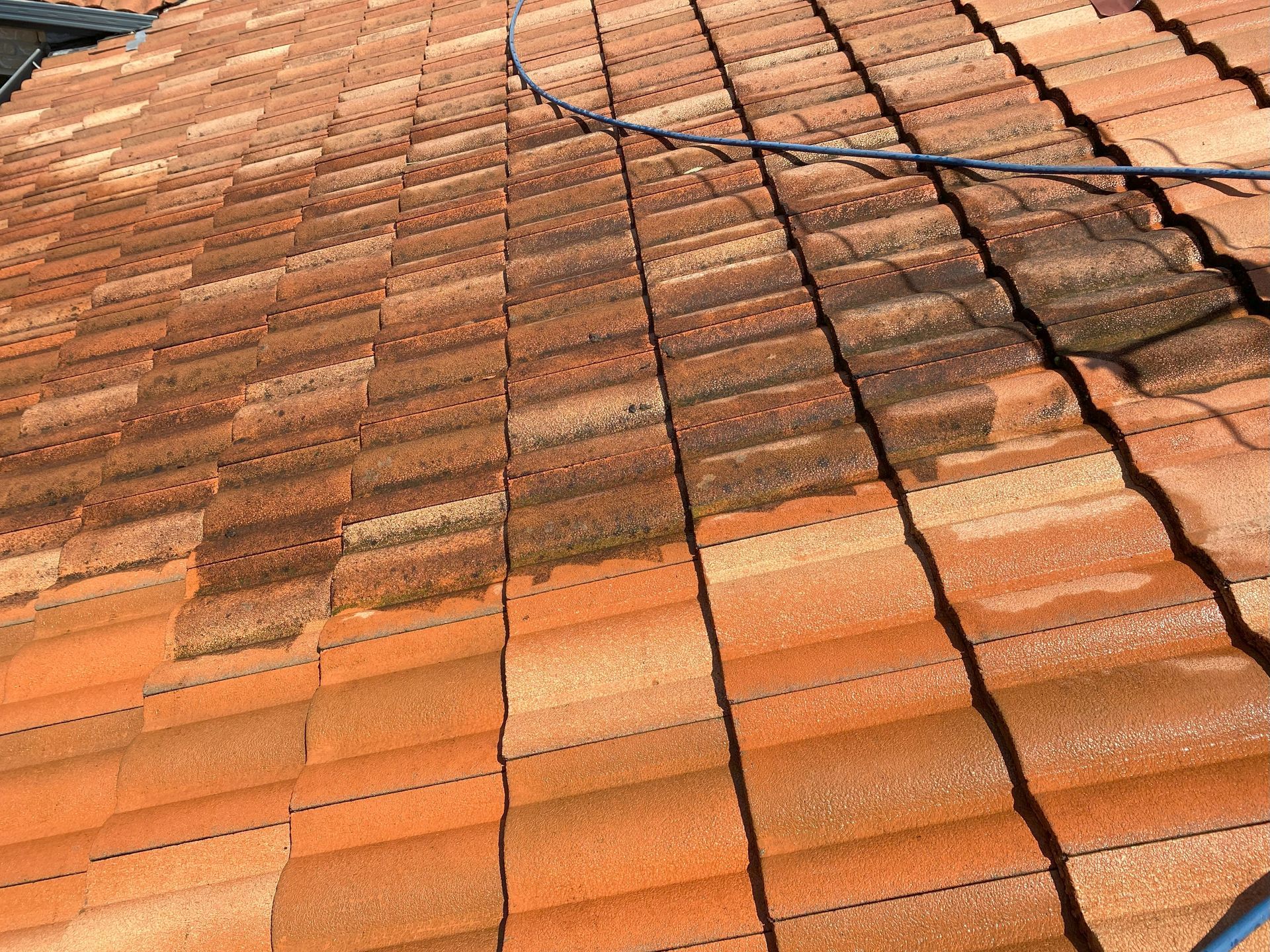 Terracotta tile roof partially cleaned, showing the contrast between dirty and clean sections.