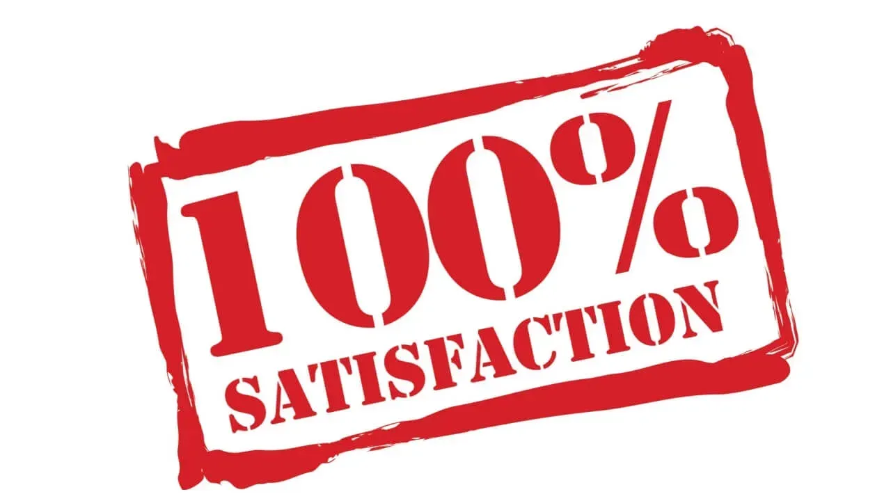 Red stamp: 100% Satisfaction.