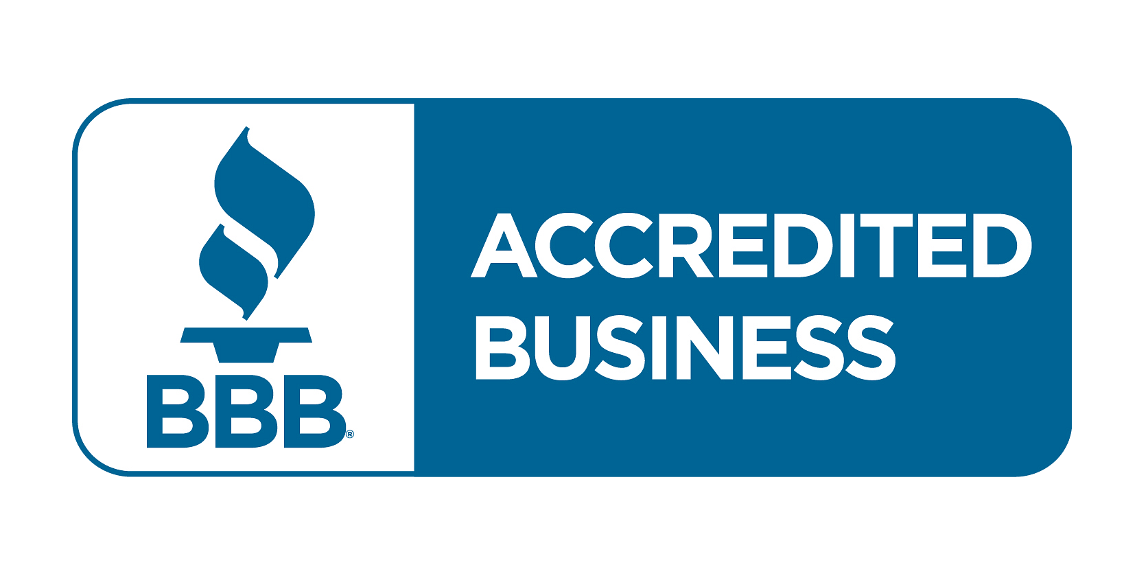 BBB Accredited Business logo, blue and white, with flame symbol.