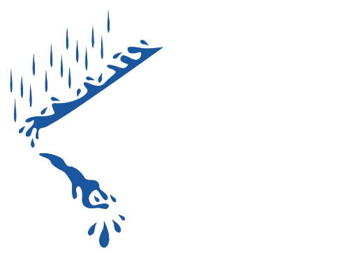 Gutter Specialist Logo: Blue rain pouring from a gutter into a splash of water below.