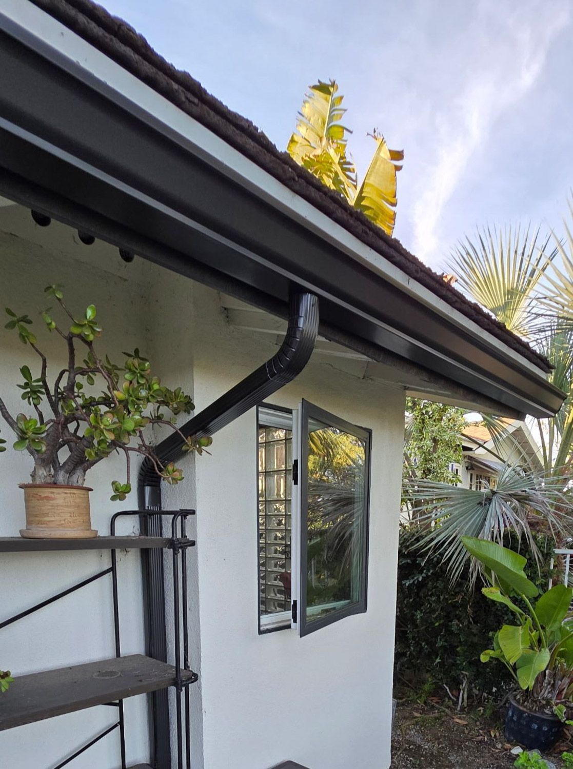 Black gutters on a white building, with a window and potted plants. Sunny day.