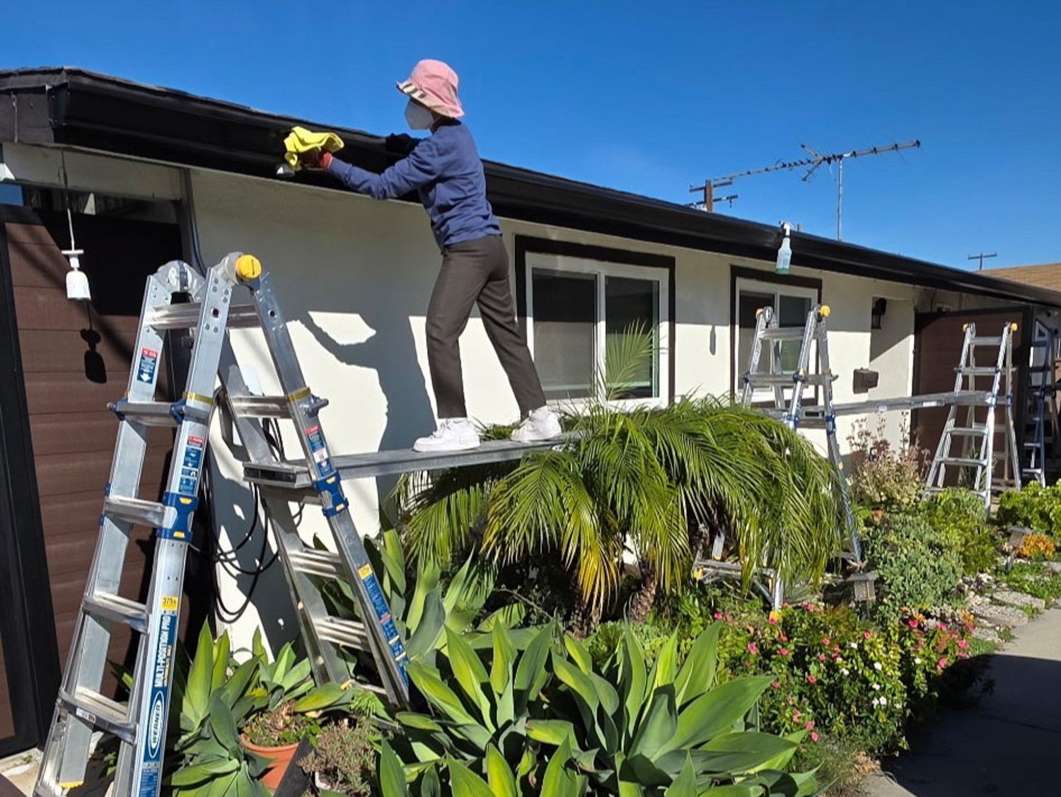 Person on a scaffold cleaning a house gutter, sunny day. Plant-filled yard. New seamless gutters installed by Gutter Specialist in Reno, NV