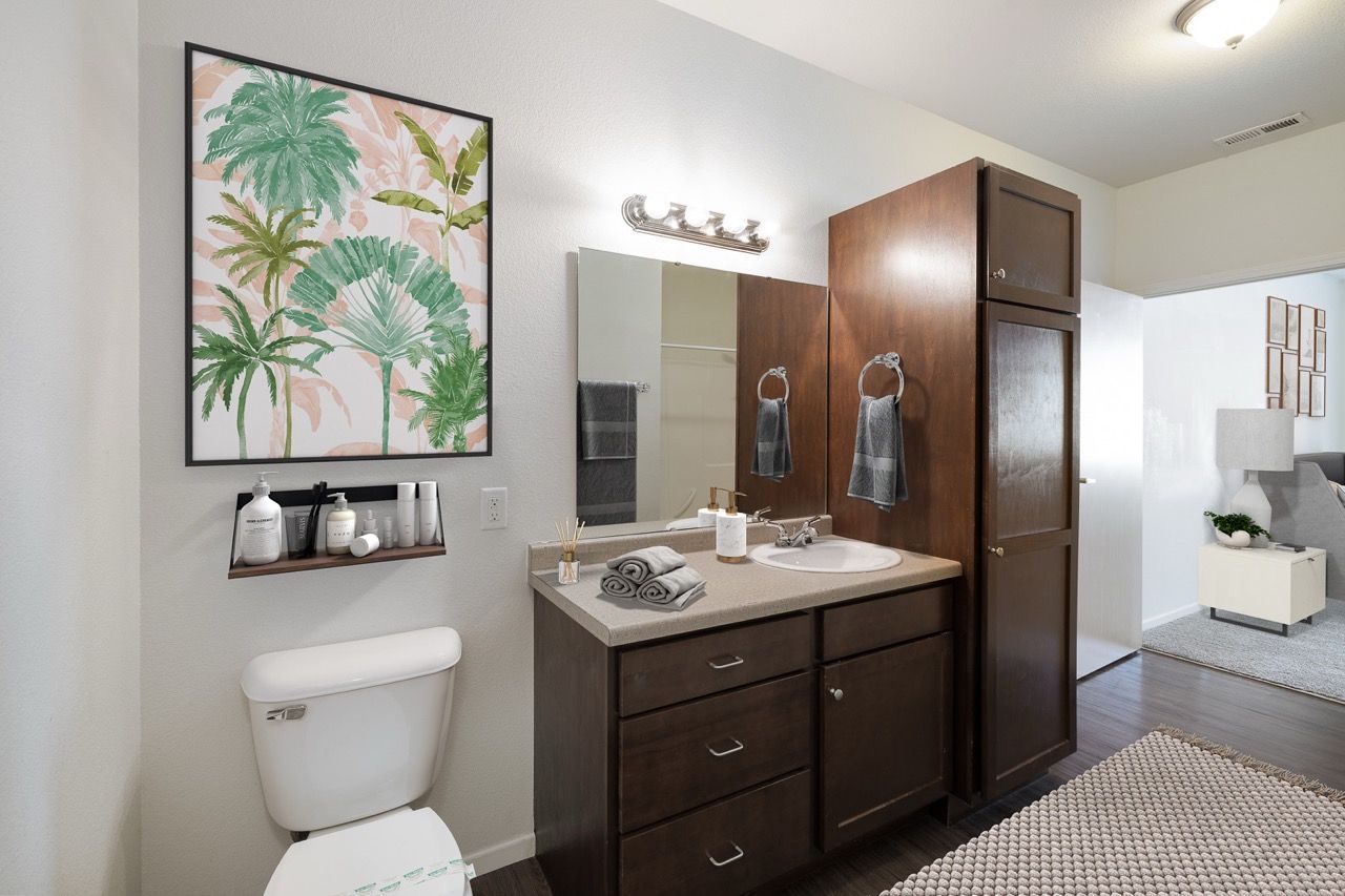 Bathroom vanity with dark wood cabinet, sink, mirror, towels, and tropical wall art.