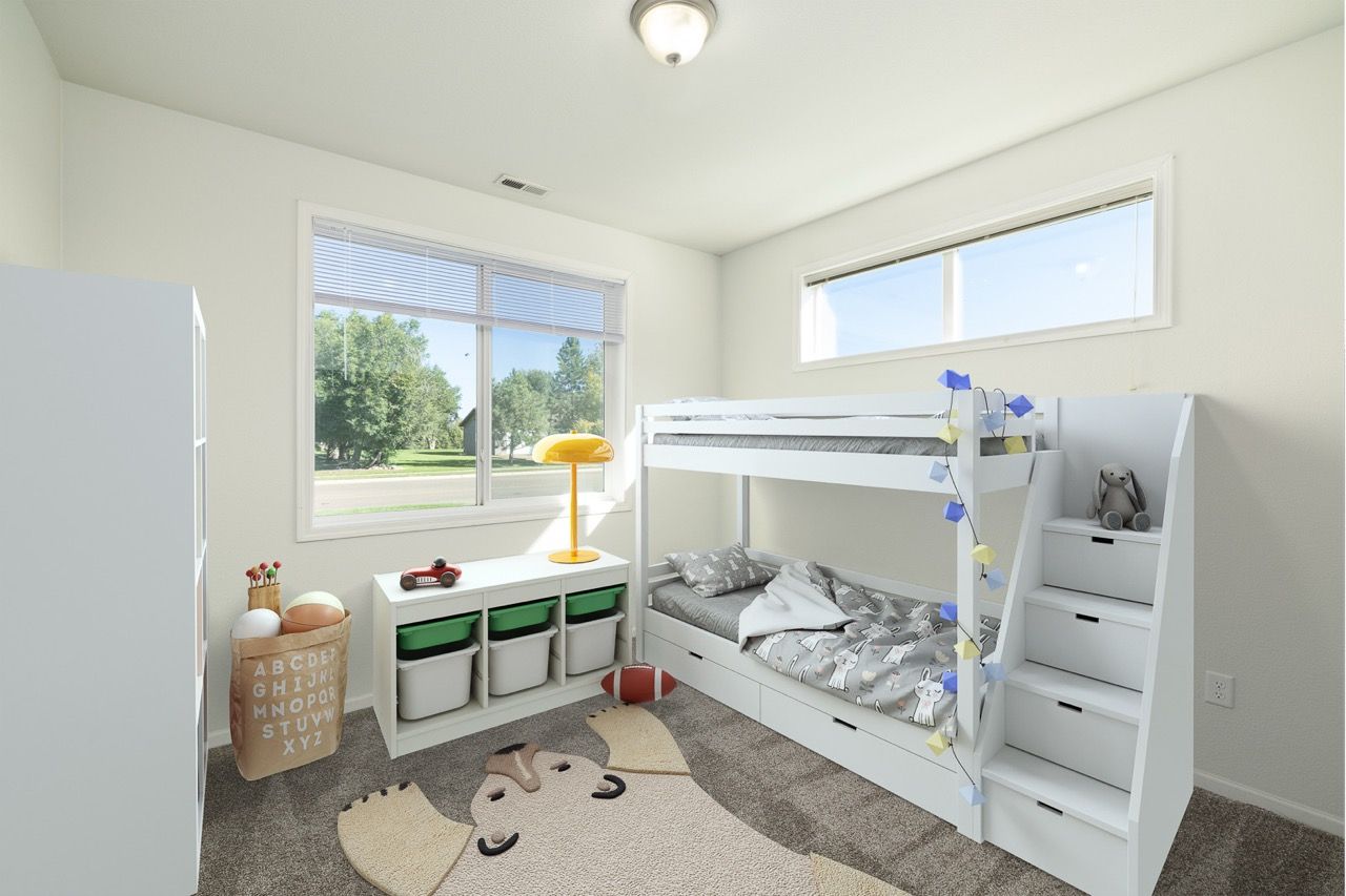 Bright kid’s bedroom with white bunk bed, built-in stairs, and window view.