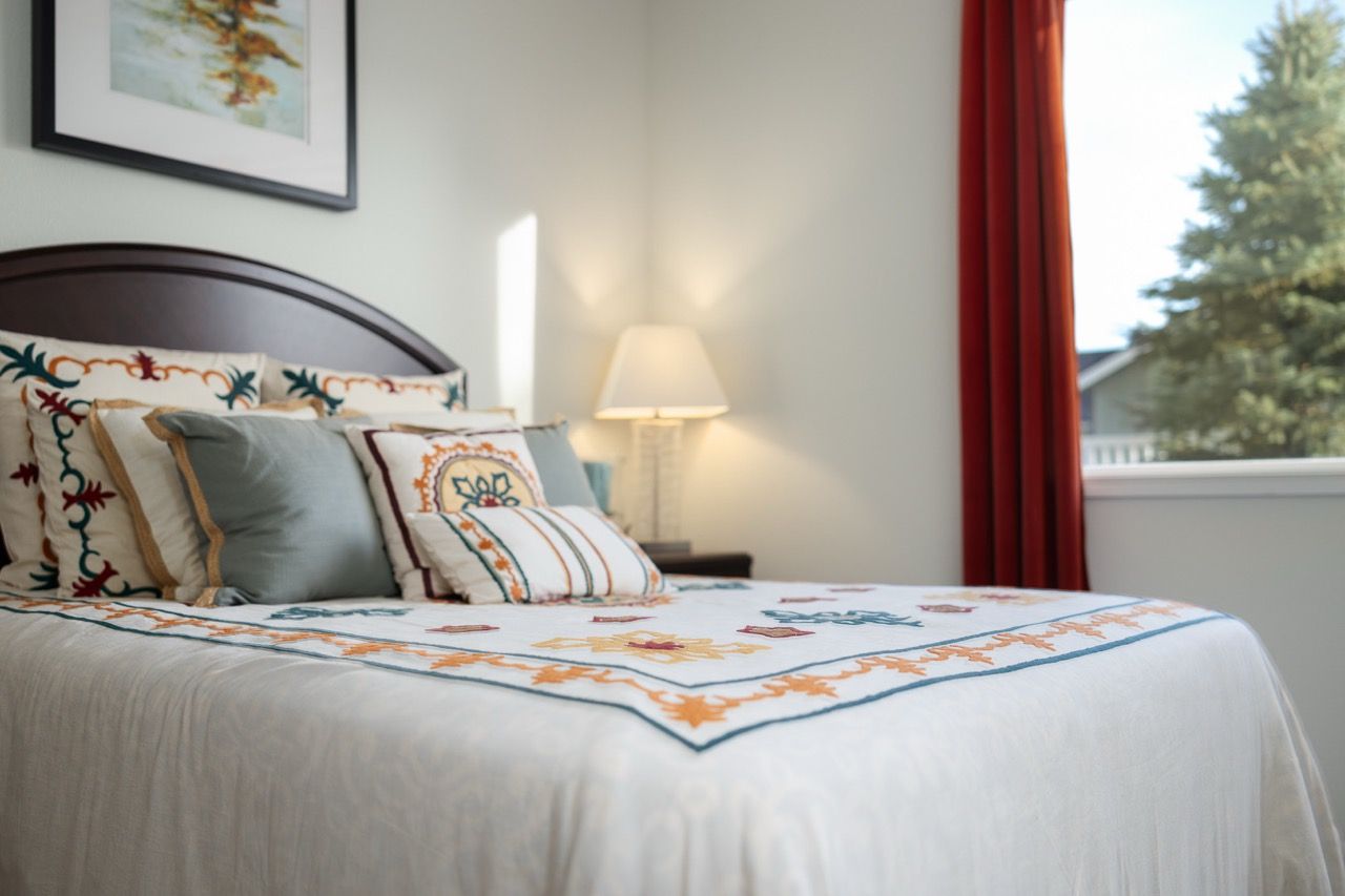Bedroom in an apartment with a bed, decorative pillows, a lamp, and a window with red curtains.