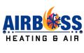 Logo for Airboss Heating & Air, featuring blue text with a central icon of a blue snowflake inside a yellow flame.
