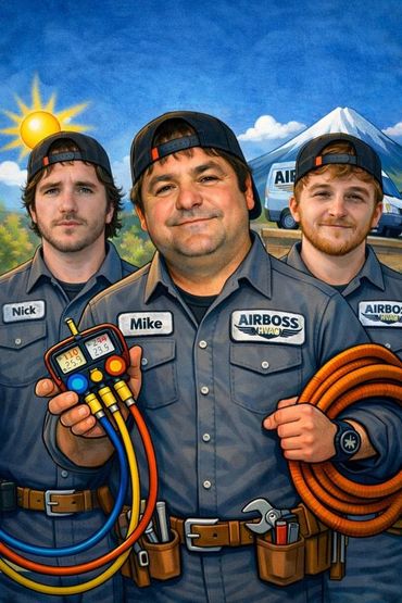 A technician in work clothes and a tool belt repairs an outdoor heat pump unit beside a wooden-sided building.