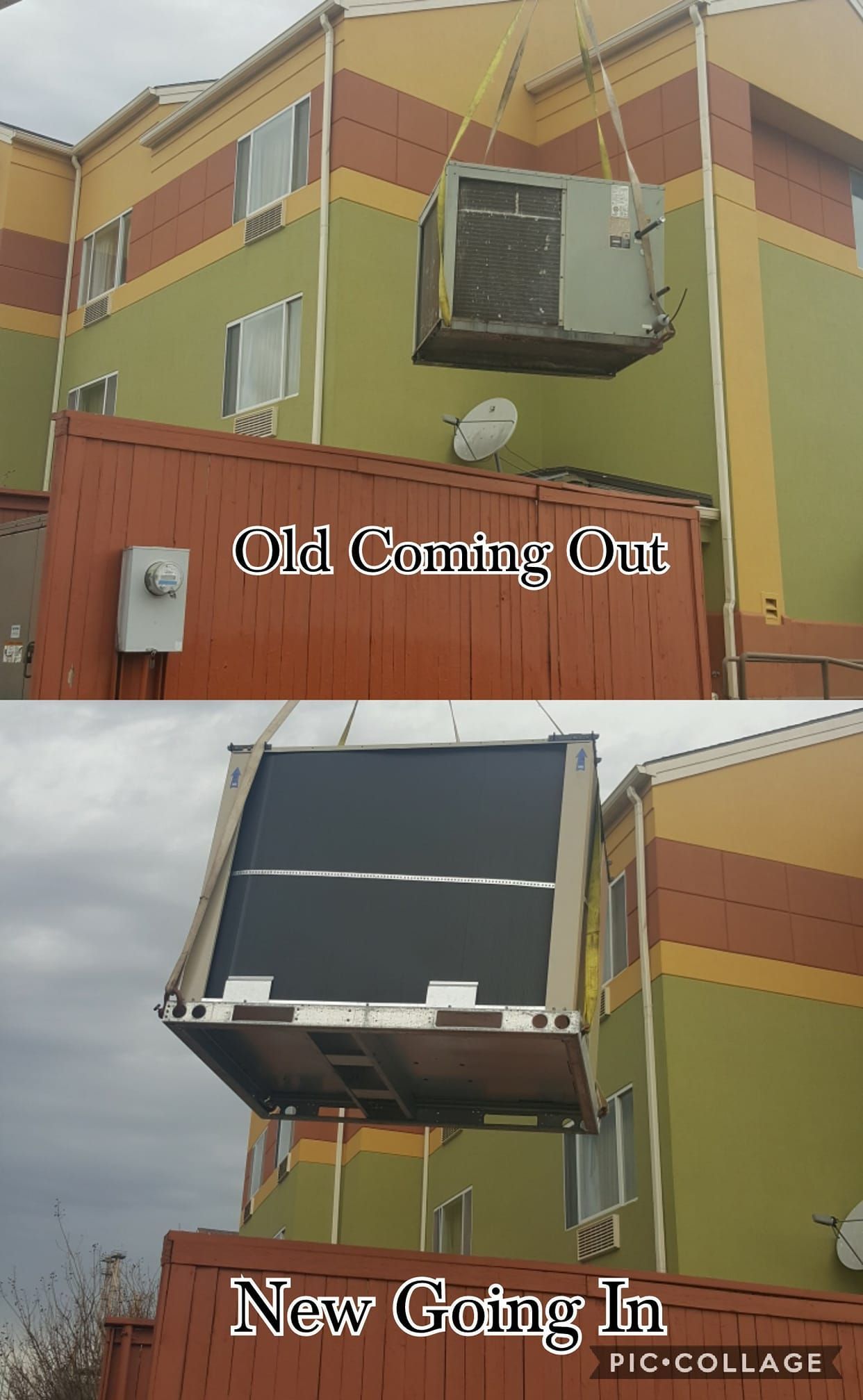 Two photos show HVAC unit replacement at a building. Top: Old unit being lifted. Bottom: New unit being installed.