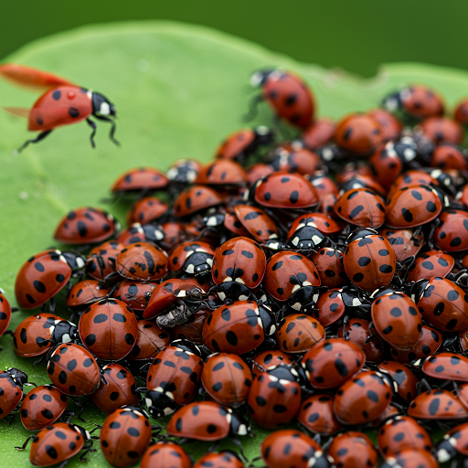 A bunch of ladybugs are sitting on top of a green leaf.