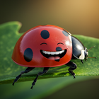 A ladybug with a smiling face is sitting on a green leaf.