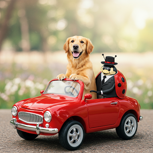 A dog and a ladybug are sitting in a red toy car.