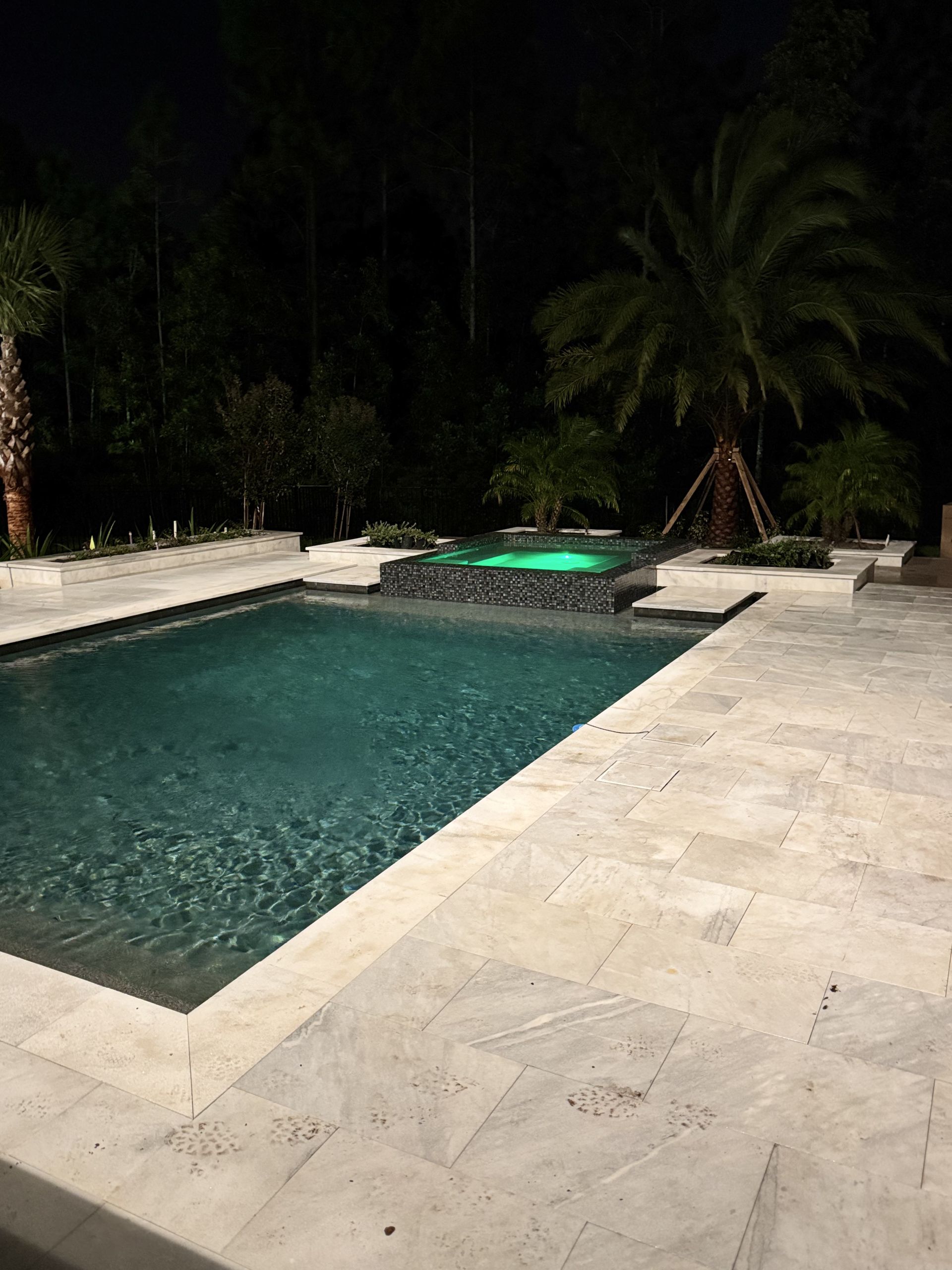 Nighttime view of a pool and jacuzzi with surrounding stone patio and lush foliage.