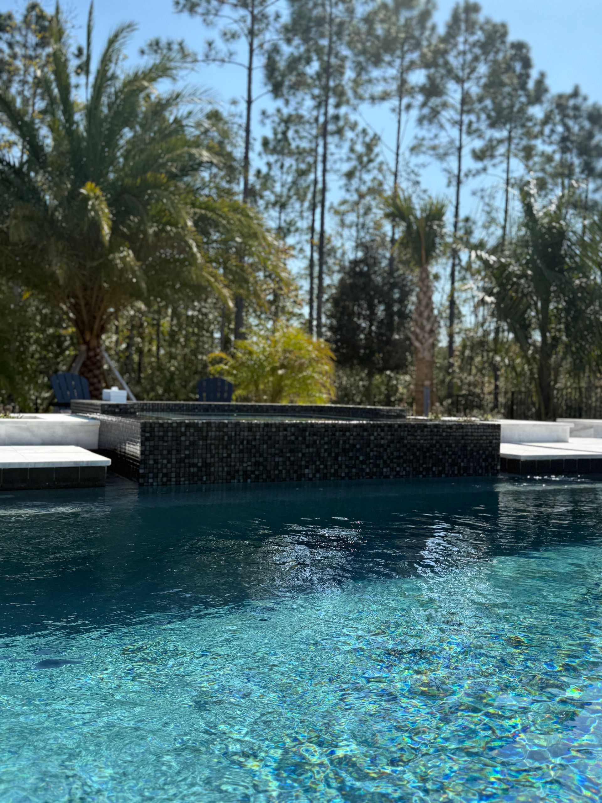 A pool with shimmering turquoise water, surrounded by white concrete and a dark tiled wall, with palm and pine trees in the background.