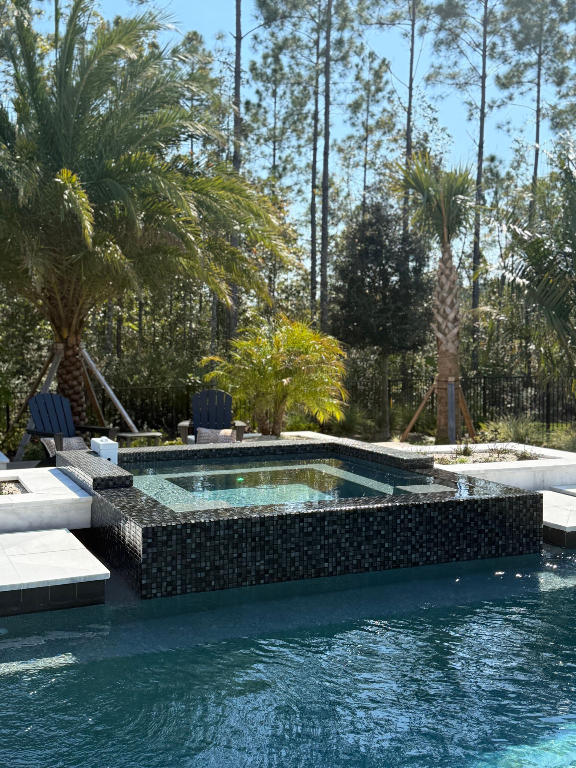 Pool with spa, surrounded by landscaping and trees. Black tile spa, blue water, sunny day.