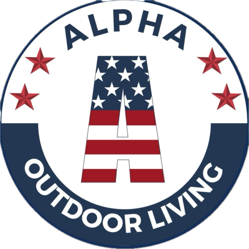Alpha Outdoor Living logo with an American flag "A" inside a circular design, and red stars.