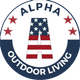 Alpha Outdoor Living logo with an American flag "A" inside a circular design, and red stars.