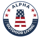 Alpha Outdoor Living logo with an American flag "A" inside a circular design, and red stars.
