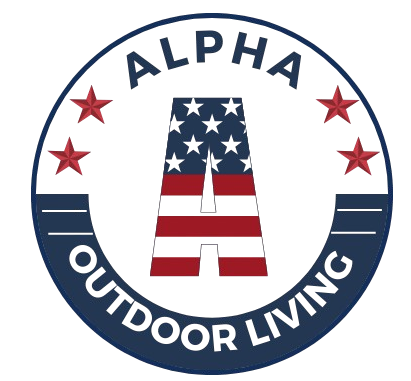 Alpha Outdoor Living logo with an American flag "A" inside a circular design, and red stars.