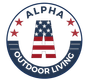 Alpha Outdoor Living logo with an American flag "A" inside a circular design, and red stars.