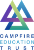 The logo for campfire education trust is a triangle with a cross in the middle.