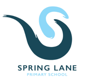 A logo for spring lane primary school with a blue swirl