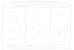 A black and white drawing of the word bam on a white background.