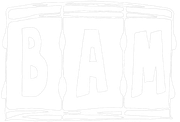 A black and white drawing of the word bam on a white background.